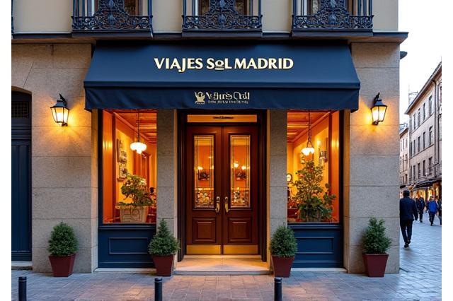 Fachada de la oficina de Viajes Sol Madrid en el centro de Madrid, con arquitectura tradicional española y calles empedradas.