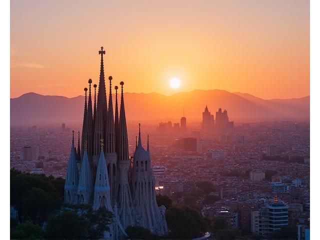 Vista aérea de la Sagrada Familia y el horizonte de la ciudad de Barcelona al atardecer.