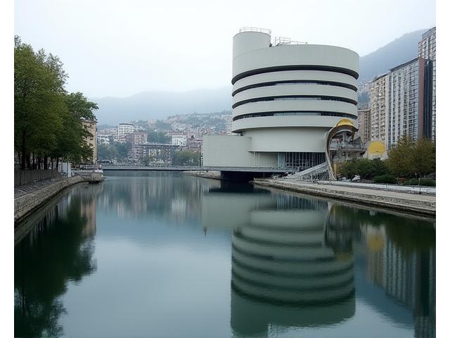El Museo Guggenheim de Bilbao reflejándose en el río, con arte moderno.
