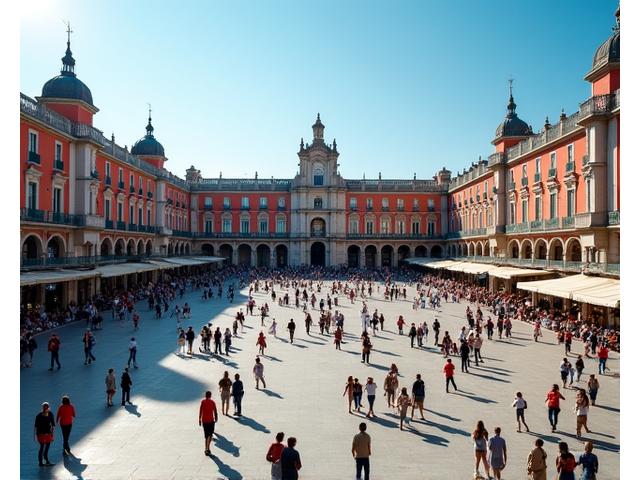 Vista panorámica de la Plaza Mayor de Madrid con gente disfrutando.