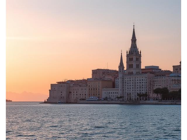 La Catedral de Palma de Mallorca junto al mar Mediterráneo al amanecer.
