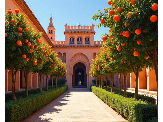 Arquitectura morisca del Real Alcázar de Sevilla con naranjos en flor.