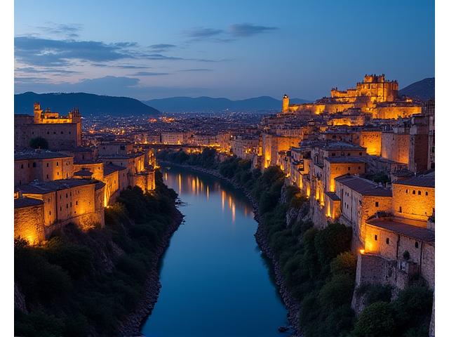 Paisaje urbano medieval de Toledo al anochecer, con sus murallas y el río Tajo.