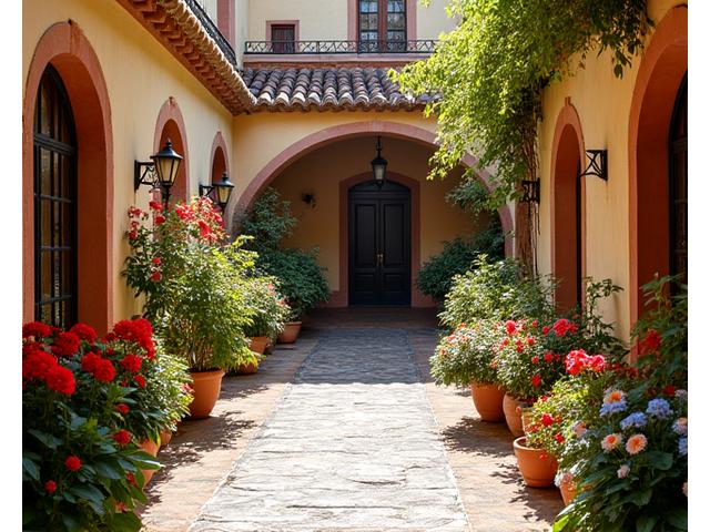 Patio andaluz con flores y azulejos, arquitectura de Sevilla
