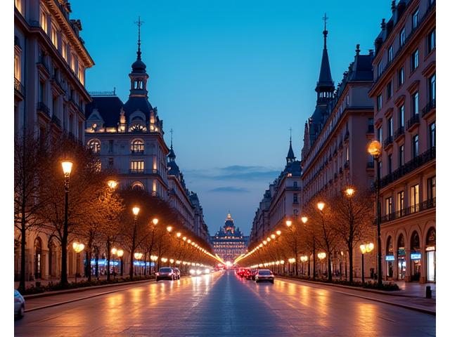Gran Vía de Madrid al anochecer, edificios iluminados