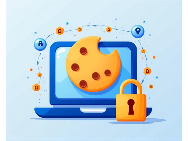 Icono de una galleta (cookie) sobre una pantalla de ordenador y un escudo de seguridad, simbolizando la privacidad de datos y el uso de cookies en el sitio web.